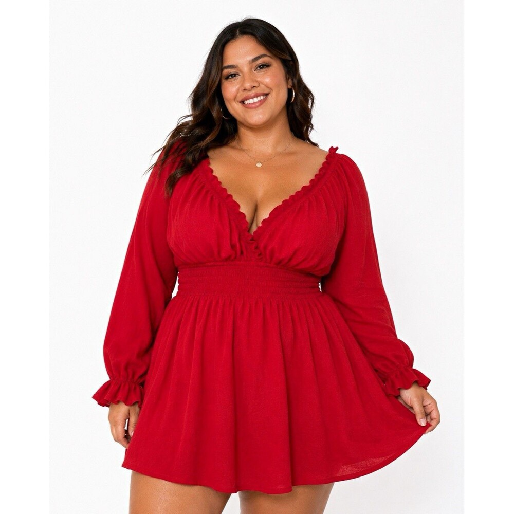 Scomchic Red Smocked V-Neck Balloon Long Sleeve Fit & Flare Mini Dress XL